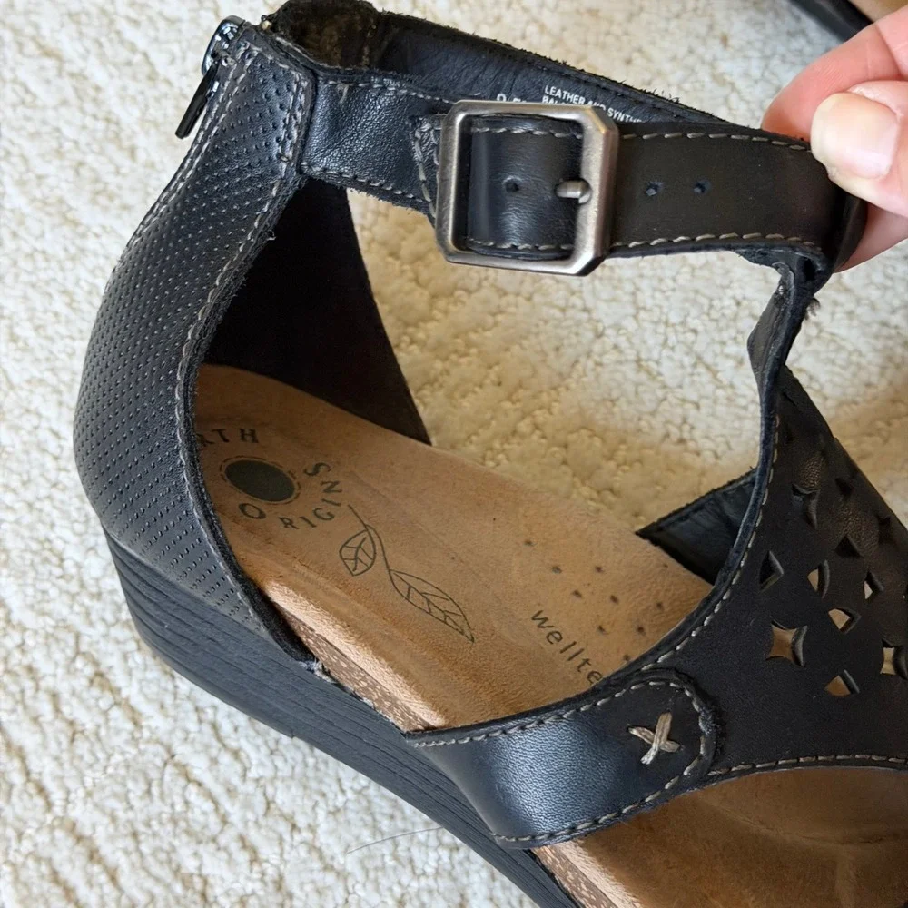 Earth Origins Hermia Black Leather Wedge Sandals‎ Laser Cut Strappy Womens 9.5M